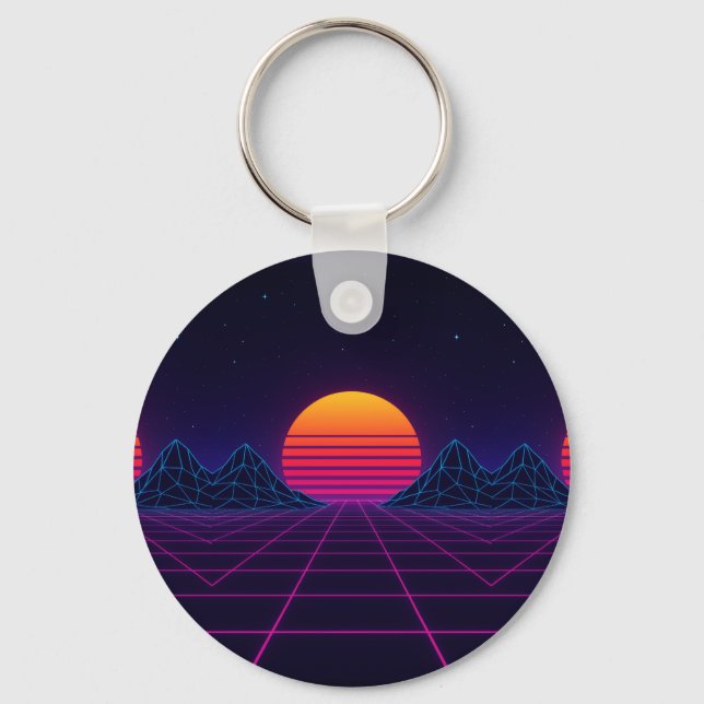 Neon Sunset Grid – Retro-Futuristic Synthwave Stic Key Ring (Front)