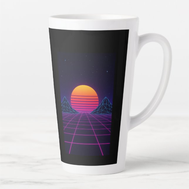 Neon Sunset Grid – Retro-Futuristic Synthwave Stic Latte Mug (Right)