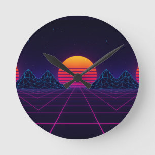 Neon Sunset Grid – Retro-Futuristic Synthwave Stic Round Clock