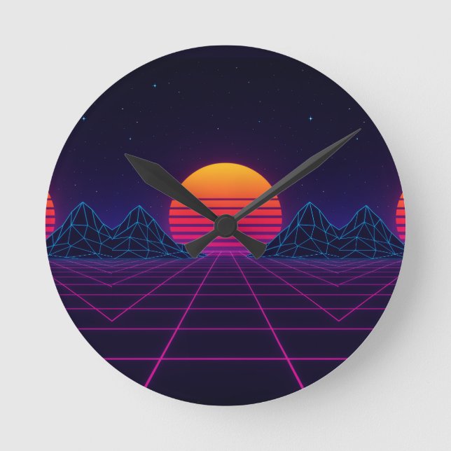 Neon Sunset Grid – Retro-Futuristic Synthwave Stic Round Clock (Front)