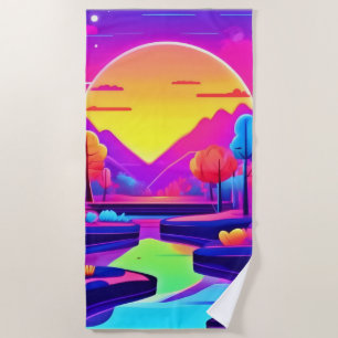 Neon Sunset Landscape Beach Towel