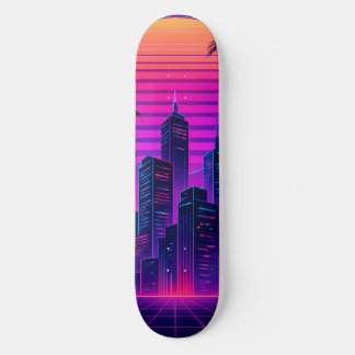 Neon Sunset Retro-Futuristic Cityscape Skateboard