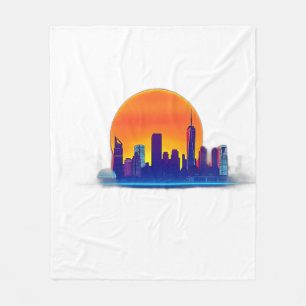 Neon Sunset Skyline with Brick Texture Fleece Blanket