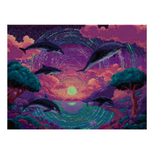 Neon Sunset with Dolphins in Tropical Paradise Poster