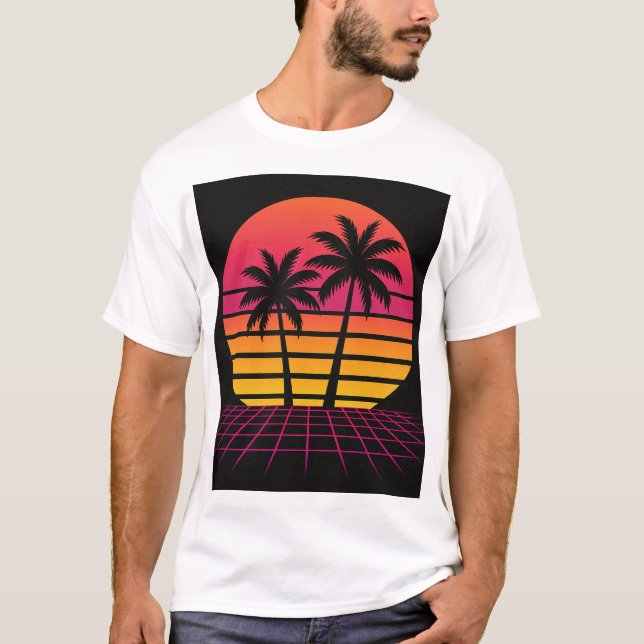 neon sunset with palm trees T-Shirt (Front)