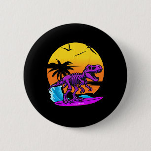 Neon Surfing T-rex Skeleton With Vintage Beach Ret 6 Cm Round Badge