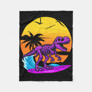 Neon Surfing T-rex Skeleton With Vintage Beach Ret Fleece Blanket
