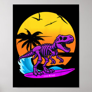 Neon Surfing T-rex Skeleton With Vintage Beach Ret Poster