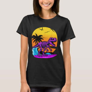 Neon Surfing T-rex Skeleton With Vintage Beach Ret T-Shirt