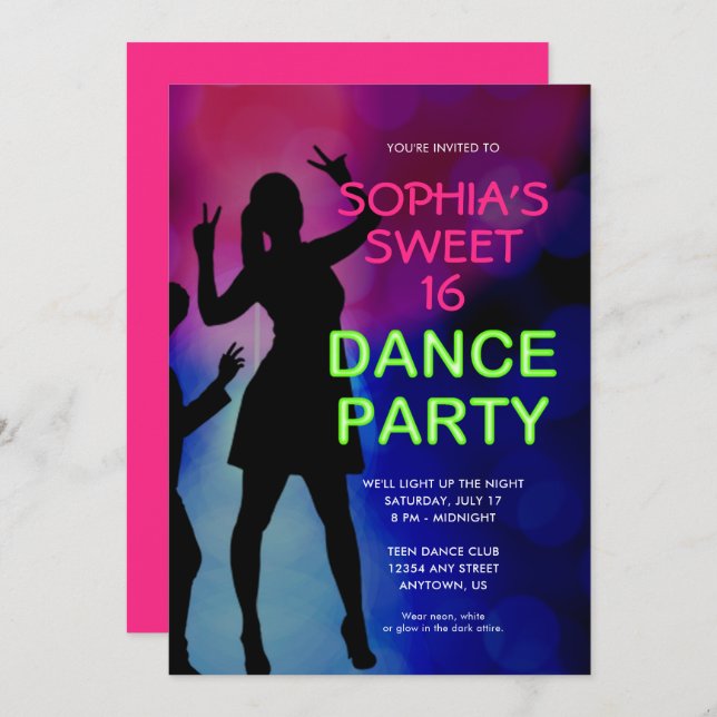 Neon Sweet 16 Birthday Dance Party Invitation (Front/Back)