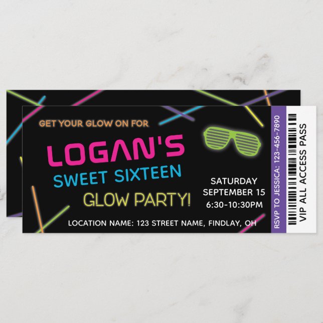 Neon Sweet 16 Birthday Glow Party Invitation (Front/Back)