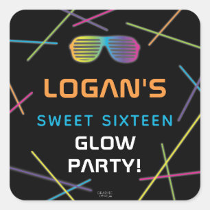 Neon Sweet 16 Birthday Glow Party Square Sticker