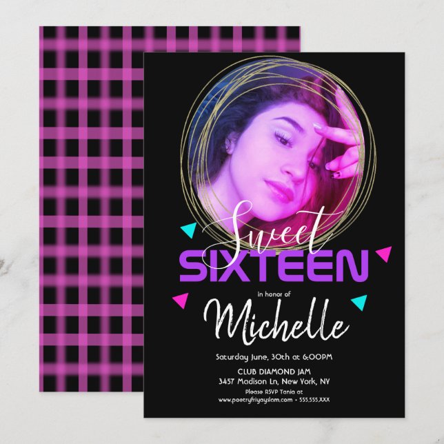 Neon Sweet Sixteen Gold Ring Confetti Photo Grid Invitation (Front/Back)
