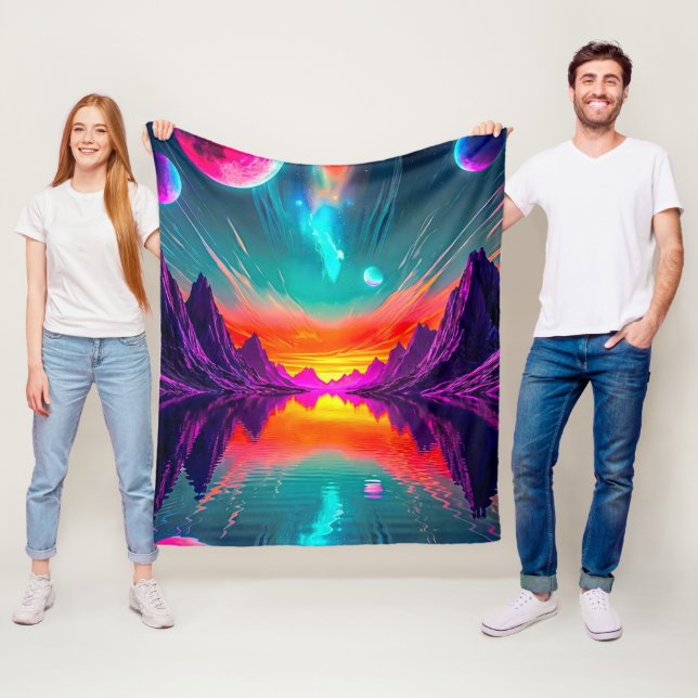 Neon Synthwave Alien Planet Retro Gamer Fleece Blanket (In Situ)