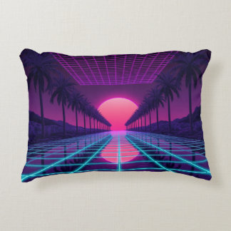 Neon Synthwave Grid & Palms Retro Pillow