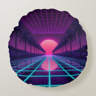 Neon Synthwave Grid & Palms Retro Pillow
