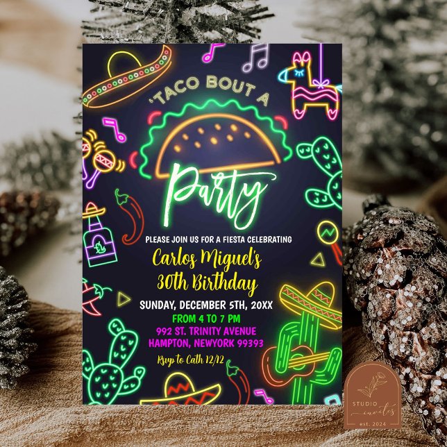 Neon Taco Mexican Adult Birthday Party Invitation (Creator Uploaded)