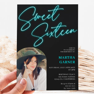 Neon teal blue sign script fun photo arch Sweet 16 Invitation