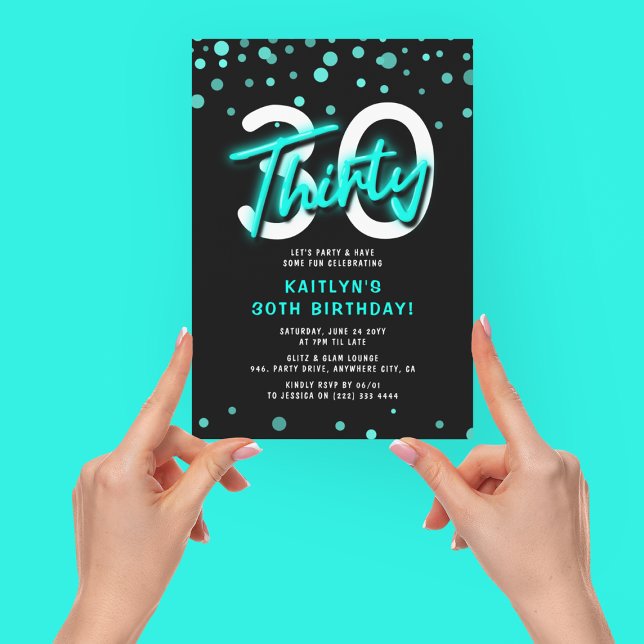 Neon Teal Thirty 30th Birthday Party Invitation (Creator Uploaded)