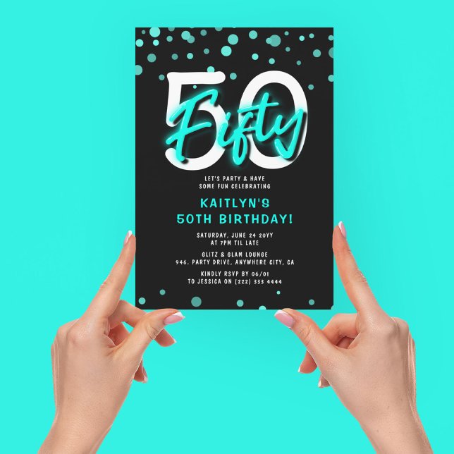 Neon Teal Thirty 50th Birthday Party Invitation (Creator Uploaded)