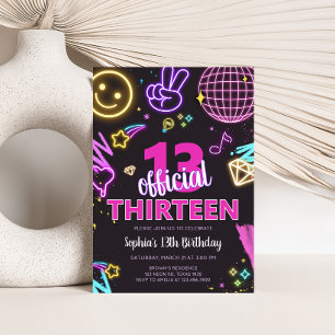 Neon Teenager Thirteenth Birthday Party Invitation