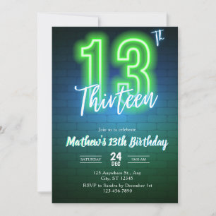Neon Thirteenth birthday Invitation