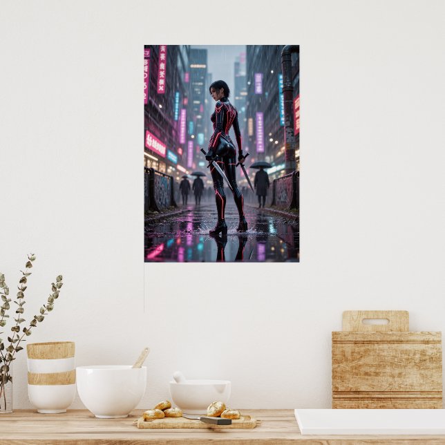 Neon Thorns – Cyberpunk Rose Assassin Poster (Kitchen)