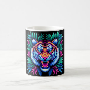 Neon Tiger and jungle leaves Coffee Mug