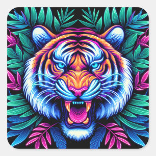 Neon Tiger and jungle leaves Square Sticker