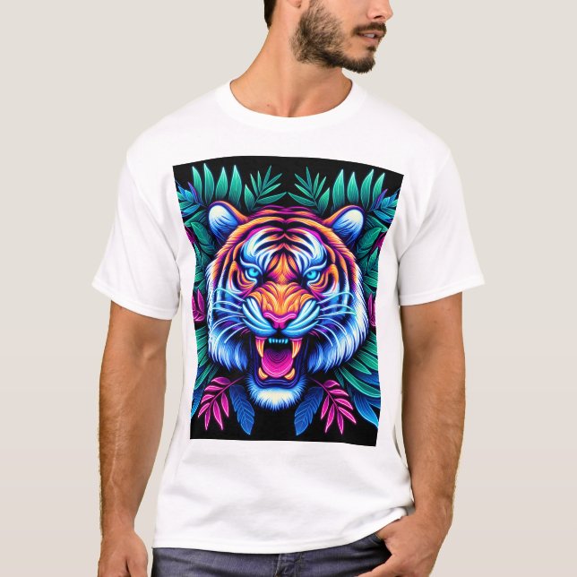 Neon Tiger and jungle leaves T-Shirt (Front)