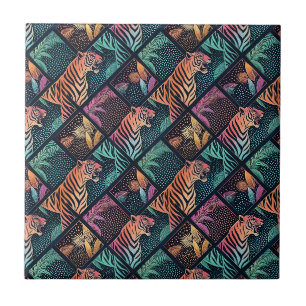 Neon Tiger Jungle Pop Art Geometric Animal Pattern Ceramic Tile