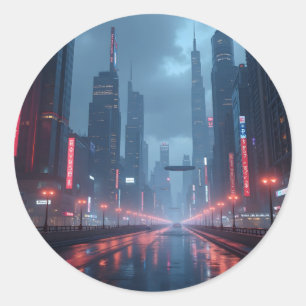 Neon Tomorrow – Cyberpunk Cityscape Classic Round  Sticker