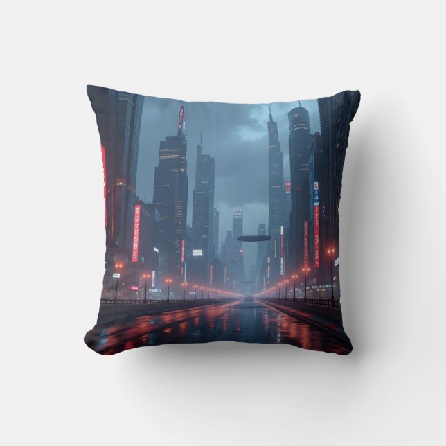 Neon Tomorrow – Cyberpunk Cityscape Throw Pillow (Front)