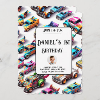 Neon Toy Car Theme 1st Birthday Invitation 