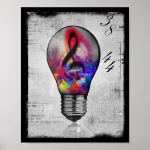 Neon treble clef music idea poster