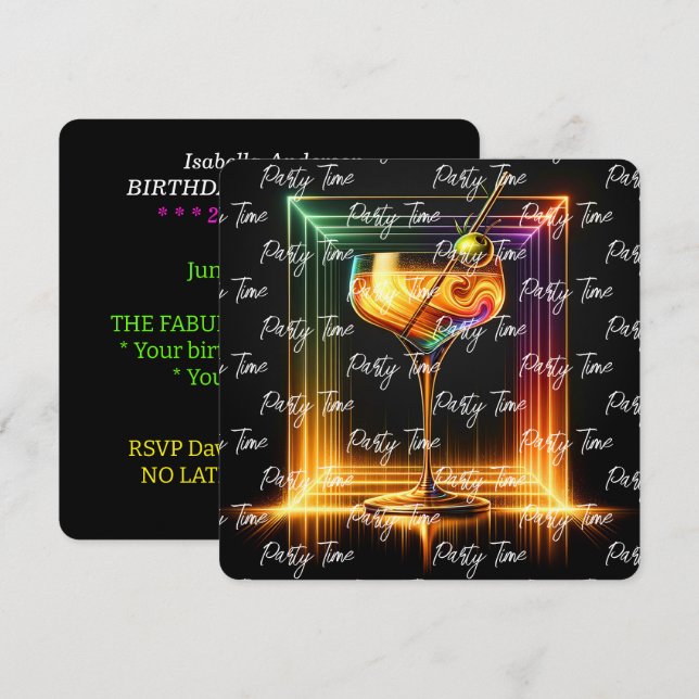 Neon Trendy Party Time Personalised Invitation (Front/Back)