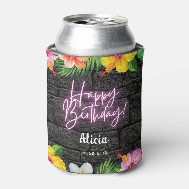 Neon Tropical Forest Summer Hawaii Birthday Party Can Cooler (Can Front)