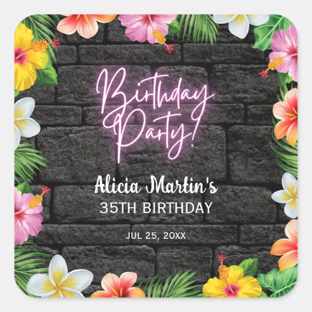 Neon Tropical Forest Summer Hawaii Birthday Party Square Sticker (Front)