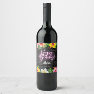 Neon Tropical Forest Summer Hawaii Birthday Party Wine Label