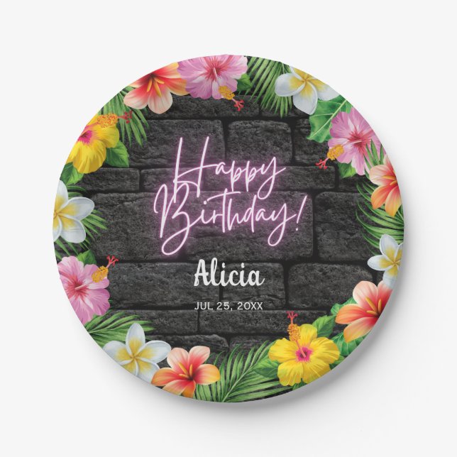 Neon Tropical Forest Summer Hawaii Happy Birthday  Paper Plate (Front)