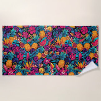 Neon Tropical Fruit Flower Beach Towel - Pineapple