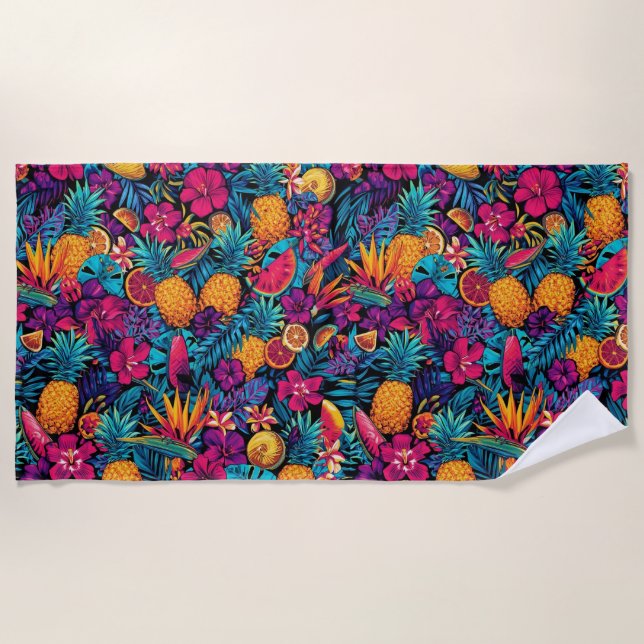 Neon Tropical Fruit Flower Beach Towel - Pineapple (Front)