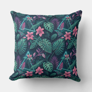 Neon Tropical Jungle & Hibiscus Cyberpunk Pattern Cushion