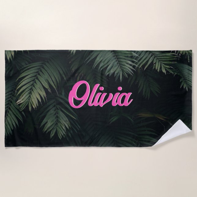 Neon Tropical Palms Custom Name Bachelorette Beach Towel (Front)