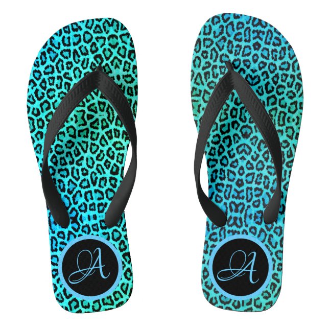 Neon Turquoise Leopard Print Monogram Thongs (Footbed)