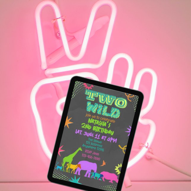 Neon Two Wild Animals 2nd Birthday Invitation (Creator Uploaded)