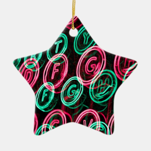Neon typewriter keys close up ceramic ornament (Front)