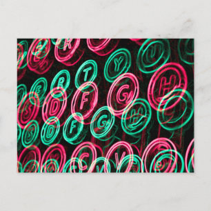 Neon typewriter keys close up postcard