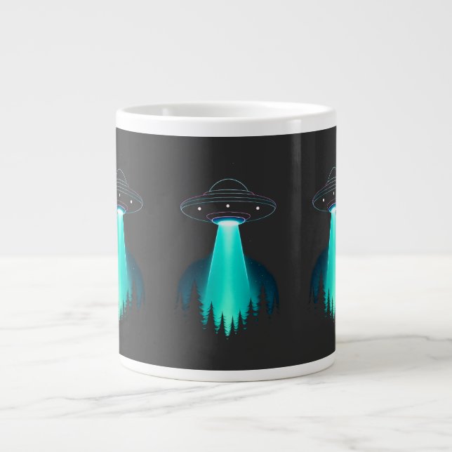 Neon UFO Abduction Over Pine Forest Large Coffee Mug (Front)