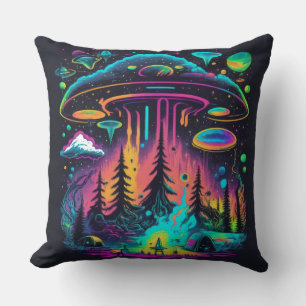 Neon UFO and Alien Scene Psychedelic Art Cushion